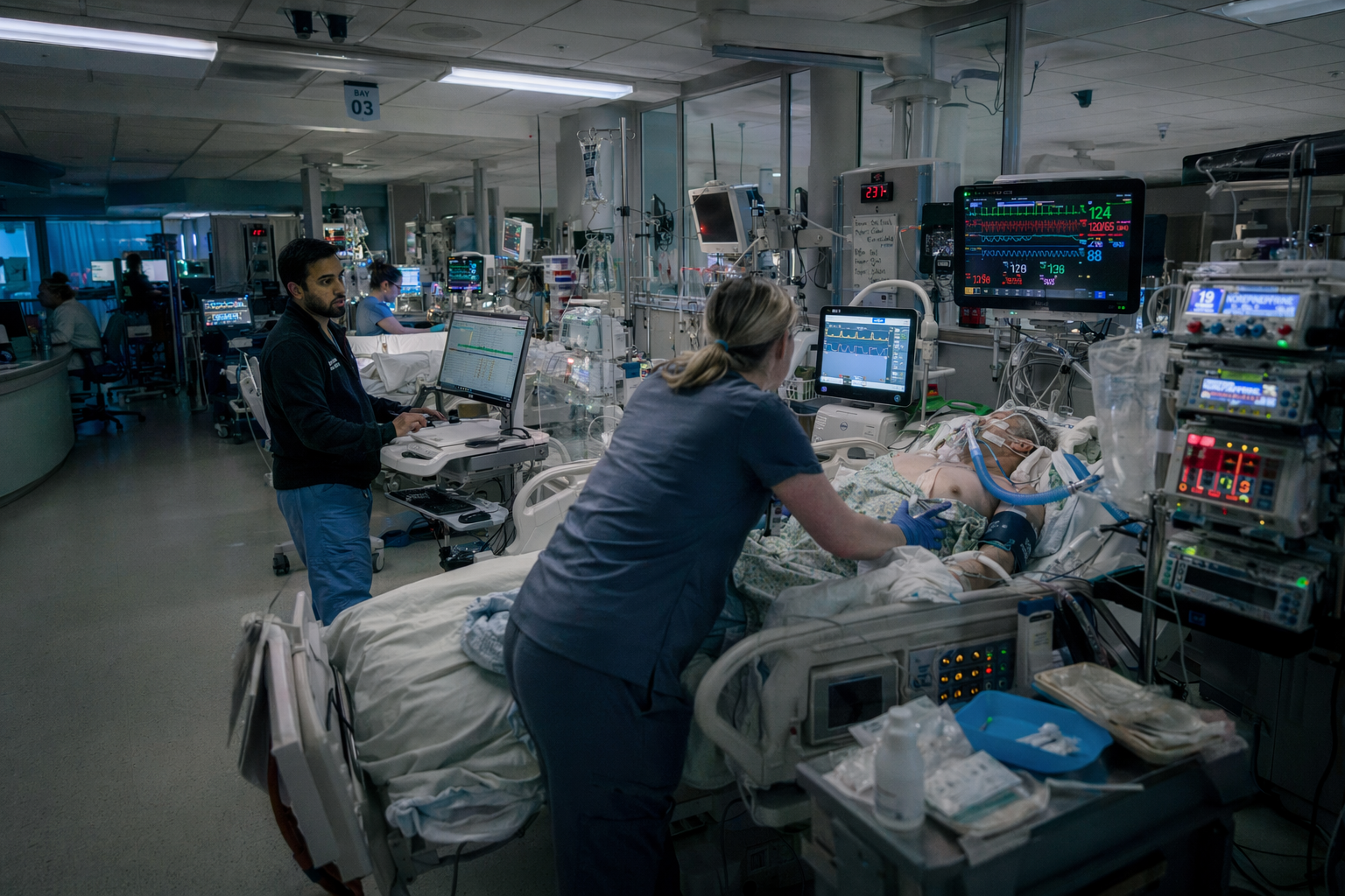 ICU at night: nurse in the room with a monitor and pumps; physician nearby; each person and system holds a different piece of the same situation.