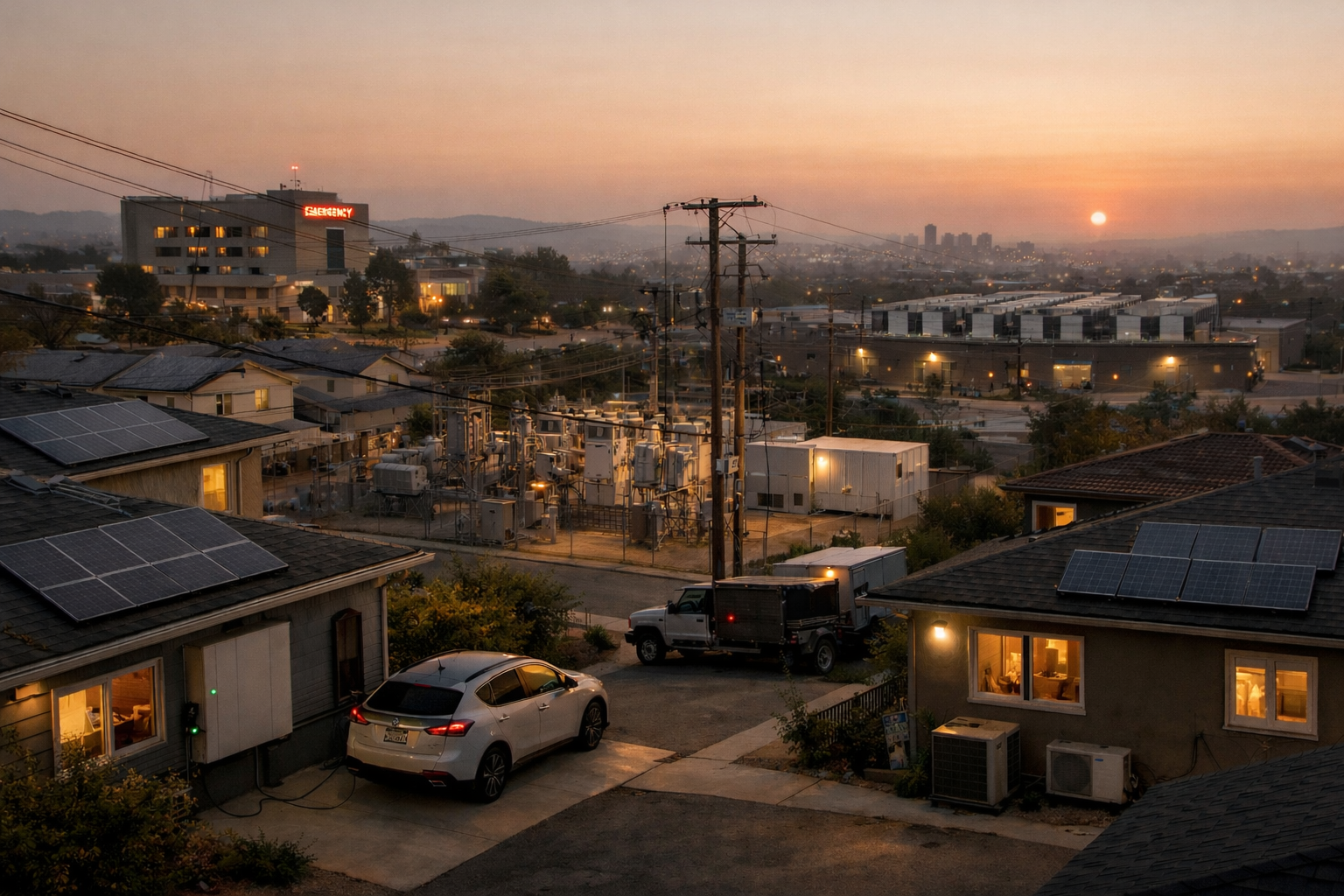 Summer evening ramp on a neighborhood feeder: fading solar, air conditioning still up, EVs arriving home, a feeder nearing its limit, scattered flexibility from batteries and shiftable compute, and a hospital microgrid that must keep backup reserve. Each actor holds a different piece of the same ramp.