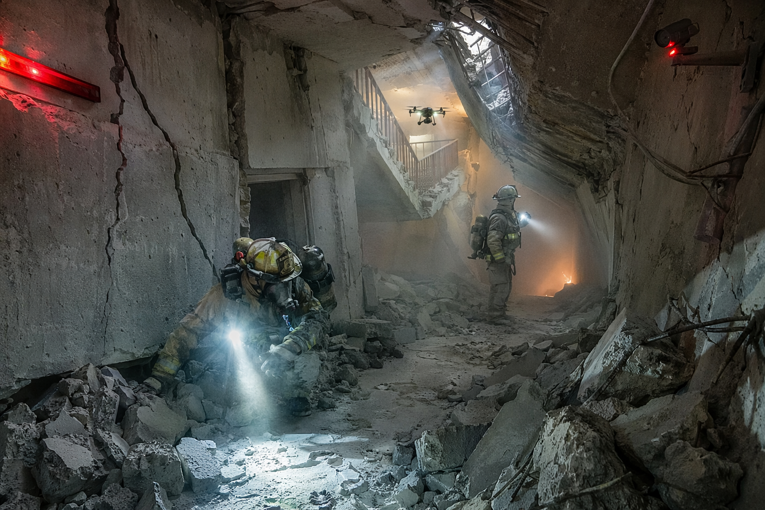Rescue team entering a collapsed building; each entity sees a different slice of the scene
