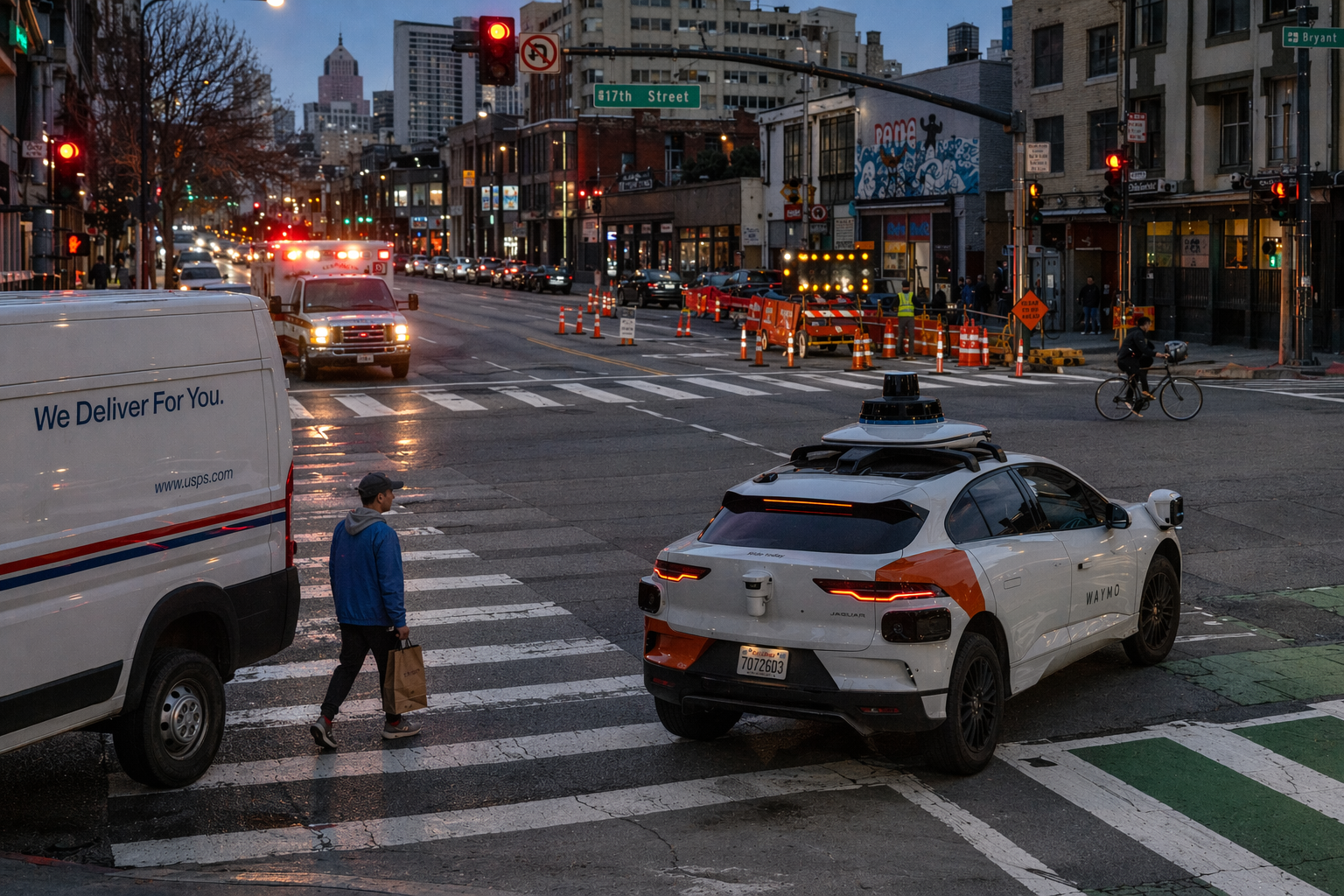 Occluded left turn at dusk: robotaxi waiting to turn, delivery van blocking the crosswalk, road work beyond the turn, ambulance approaching; each actor holds a different piece of whether the turn is safe to enter now