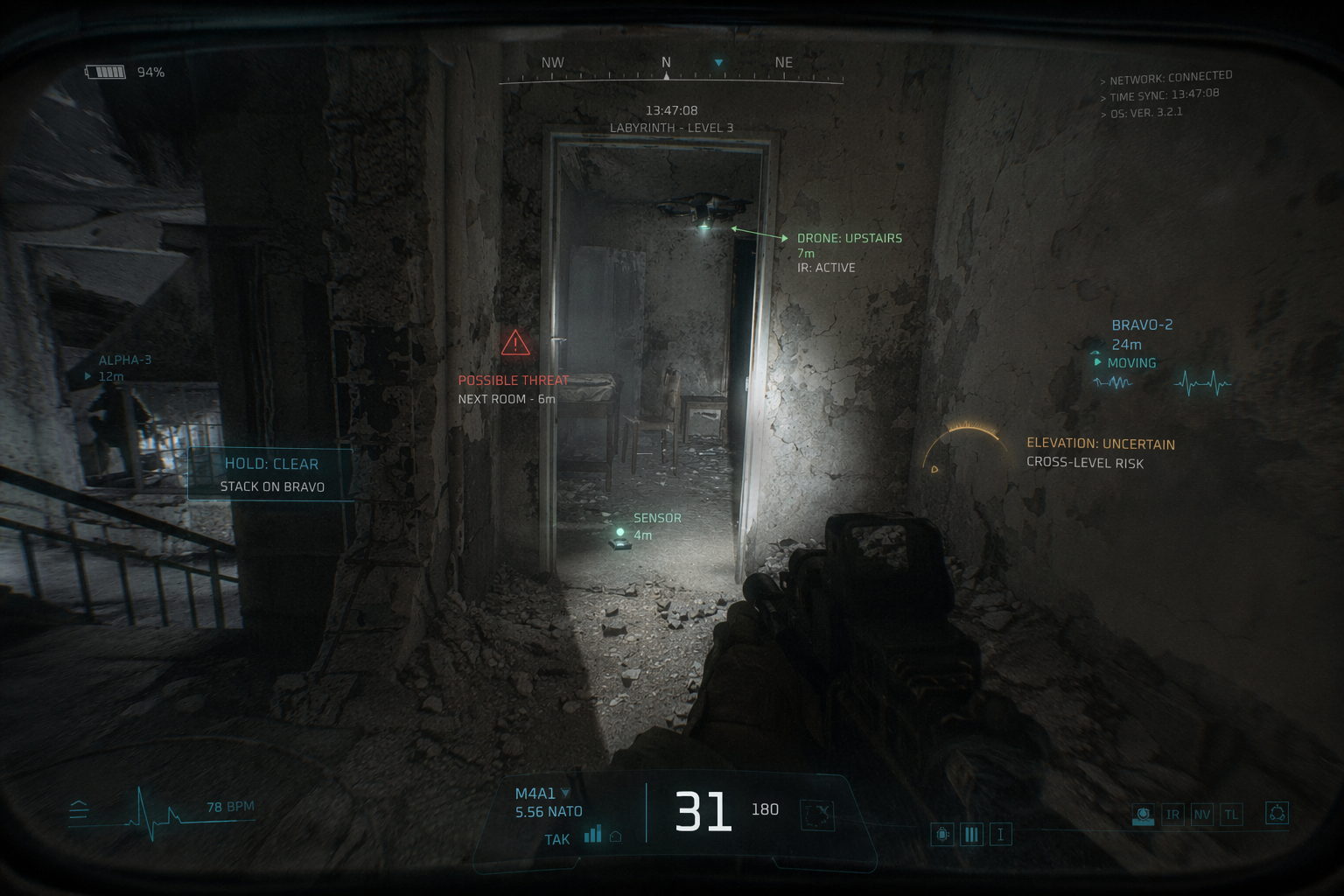 Soldier at a doorway in a damaged building. Corridor ahead only; a room sensor, micro drone, and teammate each know something he cannot see from where he stands.